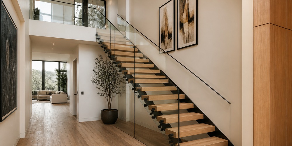 Wood treads at a white wall with small dark supports and a glass balustrade.